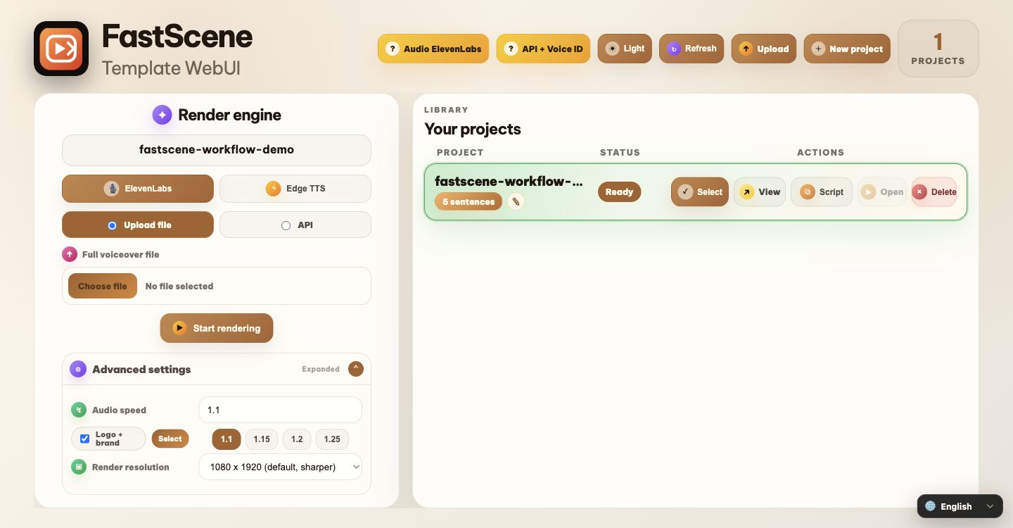 FastScene project dashboard in English